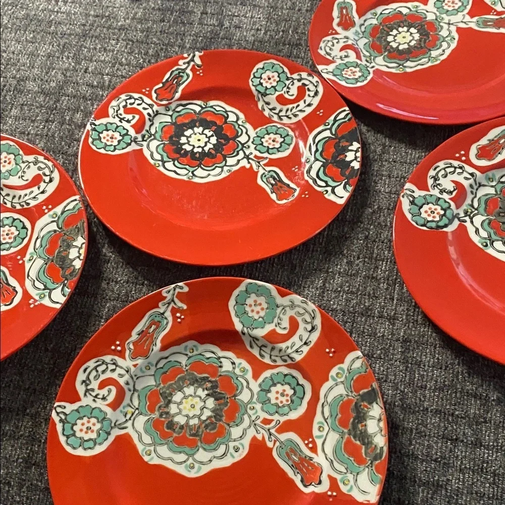 Anthropologie Vibrant Red Decorative Plate with Floral Design. Set of 5.